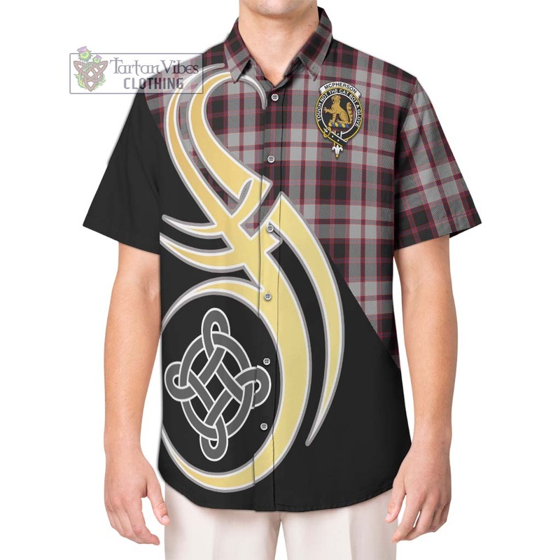 Mcpherson Tartan Short Sleeve Button Shirt with Family Crest and Celtic Symbol Style
