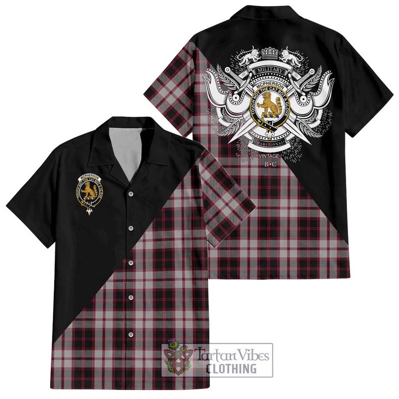 Mcpherson Tartan Short Sleeve Button Shirt with Family Crest and Military Logo Style