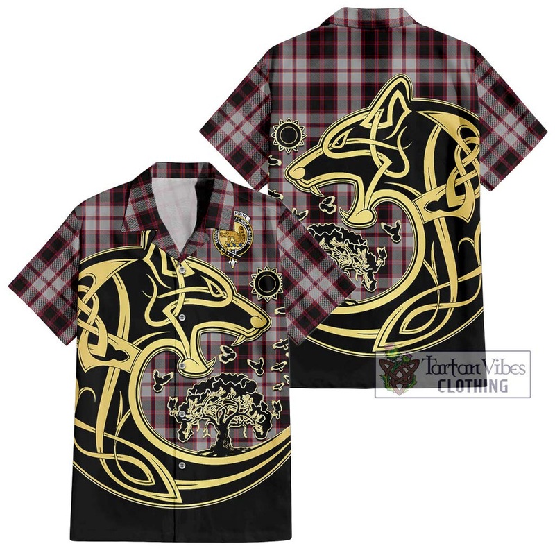 Mcpherson Tartan Short Sleeve Button Shirt with Family Crest Celtic Wolf Style