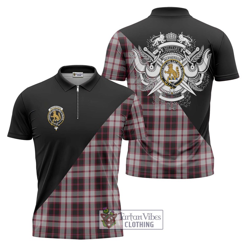 Mcpherson Tartan Zipper Polo Shirt with Family Crest and Military Logo Style