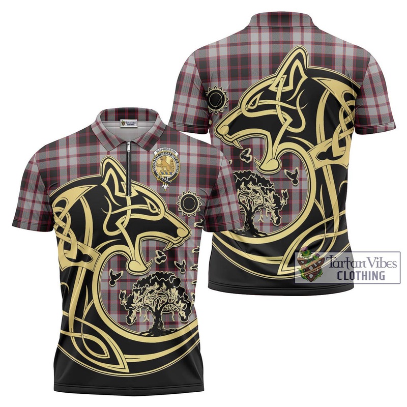 Mcpherson Tartan Zipper Polo Shirt with Family Crest Celtic Wolf Style