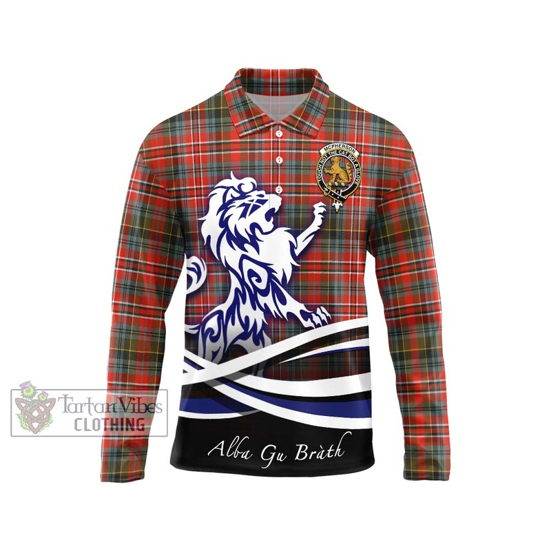 McPherson Weathered Tartan Long Sleeve Polo Shirt with Alba Gu Brath Regal Lion Emblem