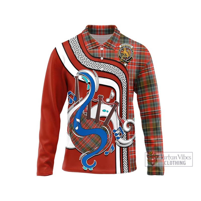 McPherson Weathered Tartan Long Sleeve Polo Shirt with Epic Bagpipe Style