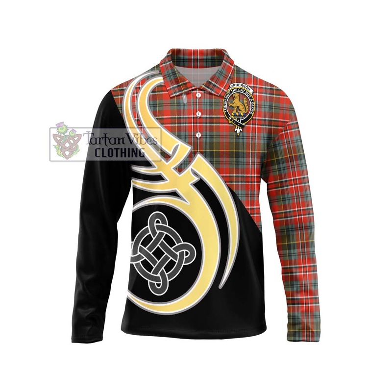 McPherson Weathered Tartan Long Sleeve Polo Shirt with Family Crest and Celtic Symbol Style