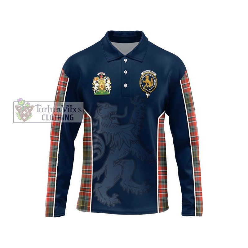 McPherson Weathered Tartan Long Sleeve Polo Shirt with Family Crest and Lion Rampant Vibes Sport Style