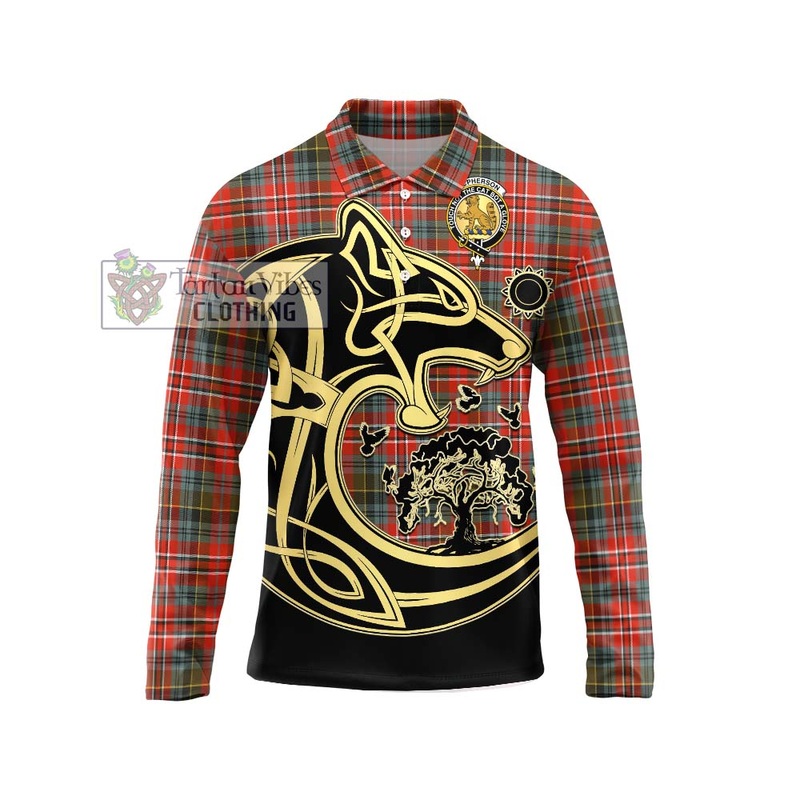 McPherson Weathered Tartan Long Sleeve Polo Shirt with Family Crest Celtic Wolf Style