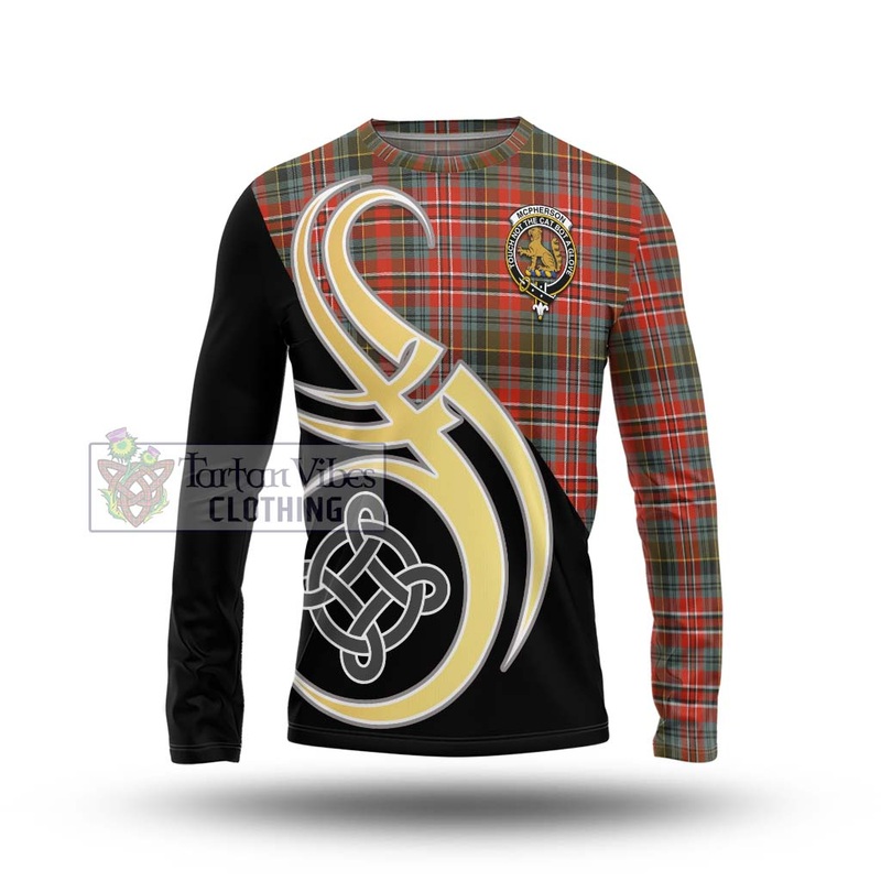 McPherson Weathered Tartan Long Sleeve T-Shirt with Family Crest and Celtic Symbol Style
