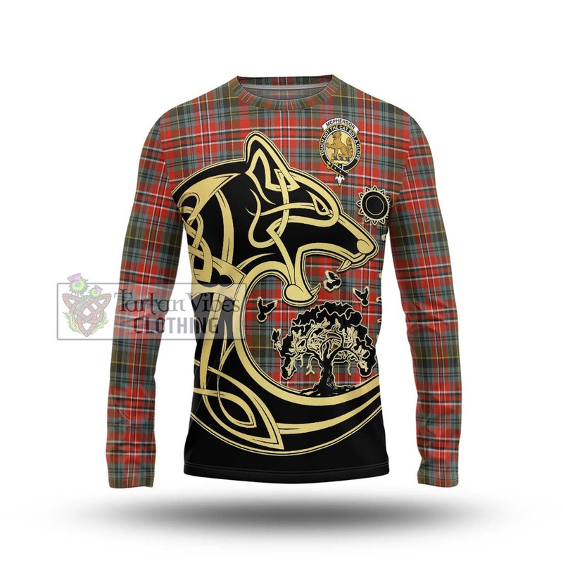 McPherson Weathered Tartan Long Sleeve T-Shirt with Family Crest Celtic Wolf Style