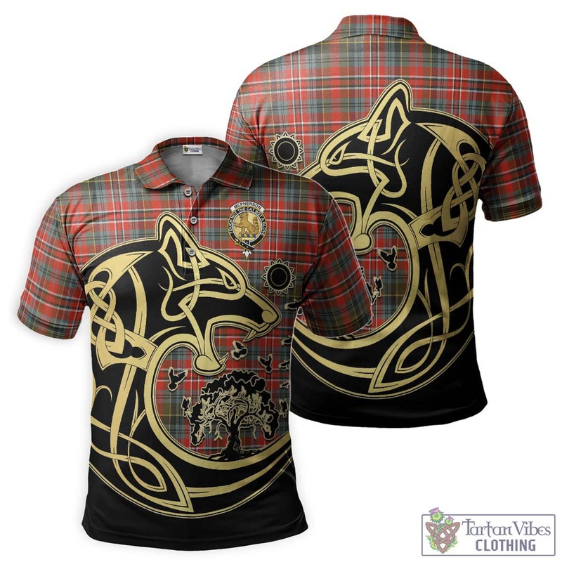 McPherson Weathered Tartan Polo Shirt with Family Crest Celtic Wolf Style