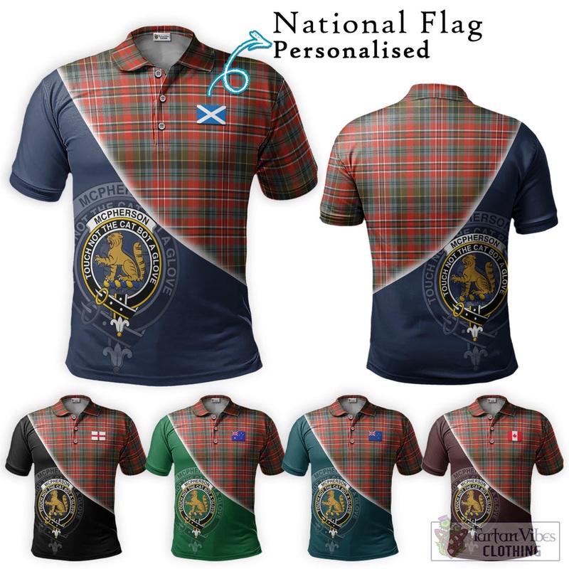 McPherson Weathered Tartan Polo Shirt with Personalised National Flag and Family Crest Half Style
