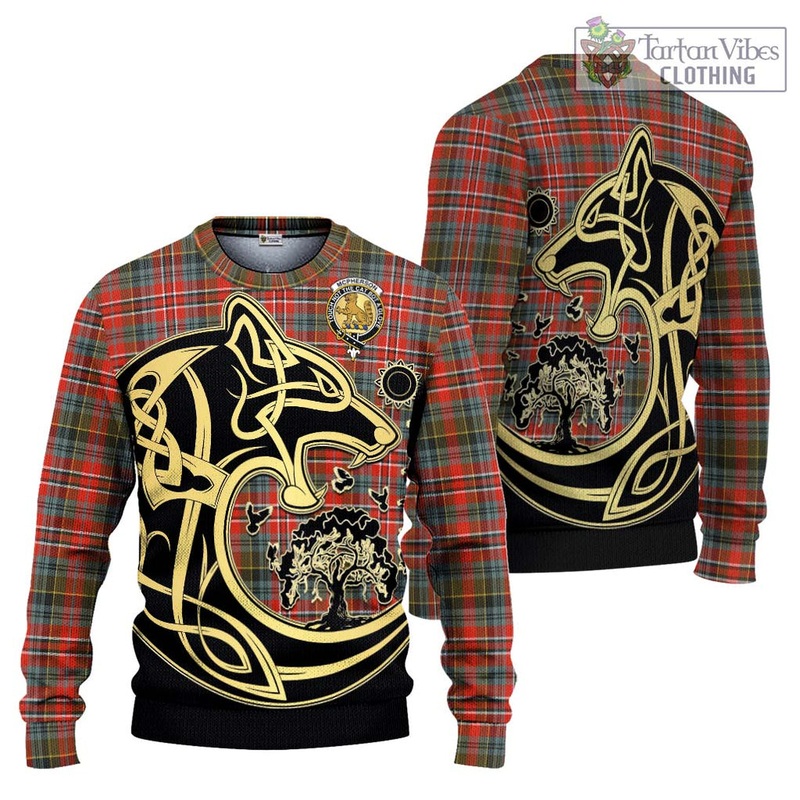 McPherson Weathered Tartan Ugly Sweater with Family Crest Celtic Wolf Style