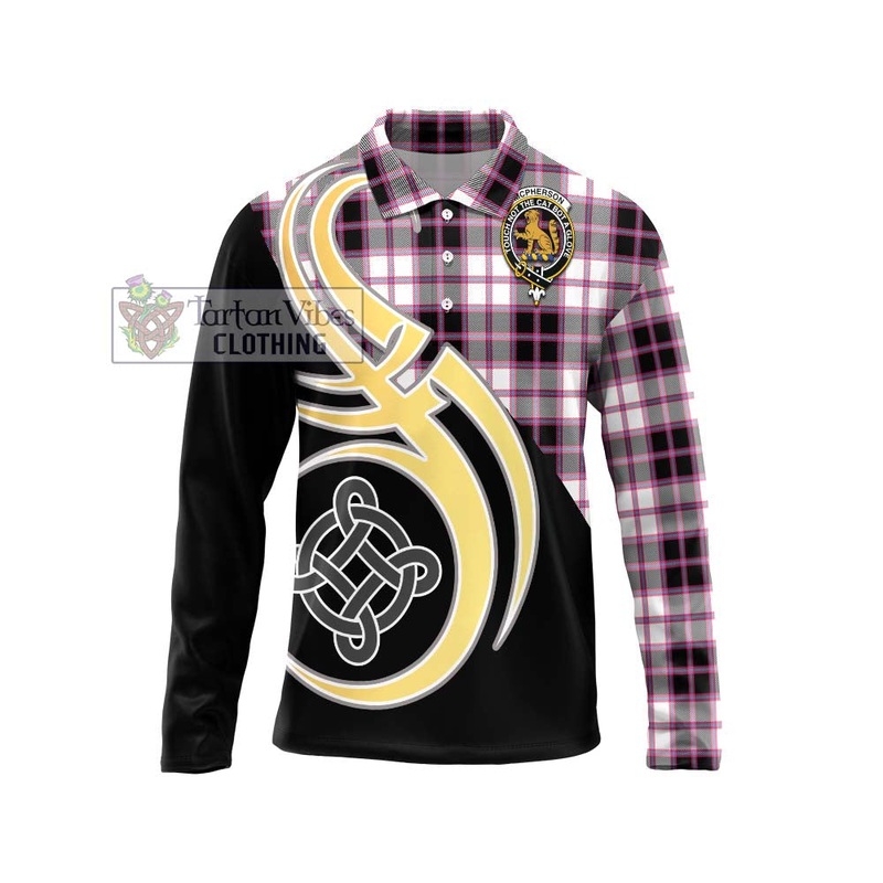 McPherson Hunting Modern Tartan Long Sleeve Polo Shirt with Family Crest and Celtic Symbol Style