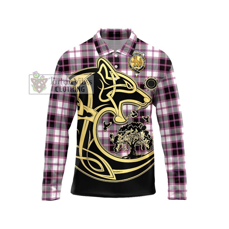 McPherson Hunting Modern Tartan Long Sleeve Polo Shirt with Family Crest Celtic Wolf Style