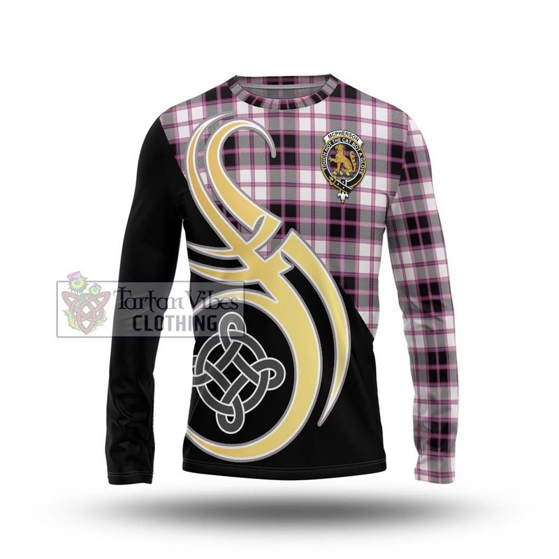 McPherson Hunting Modern Tartan Long Sleeve T-Shirt with Family Crest and Celtic Symbol Style