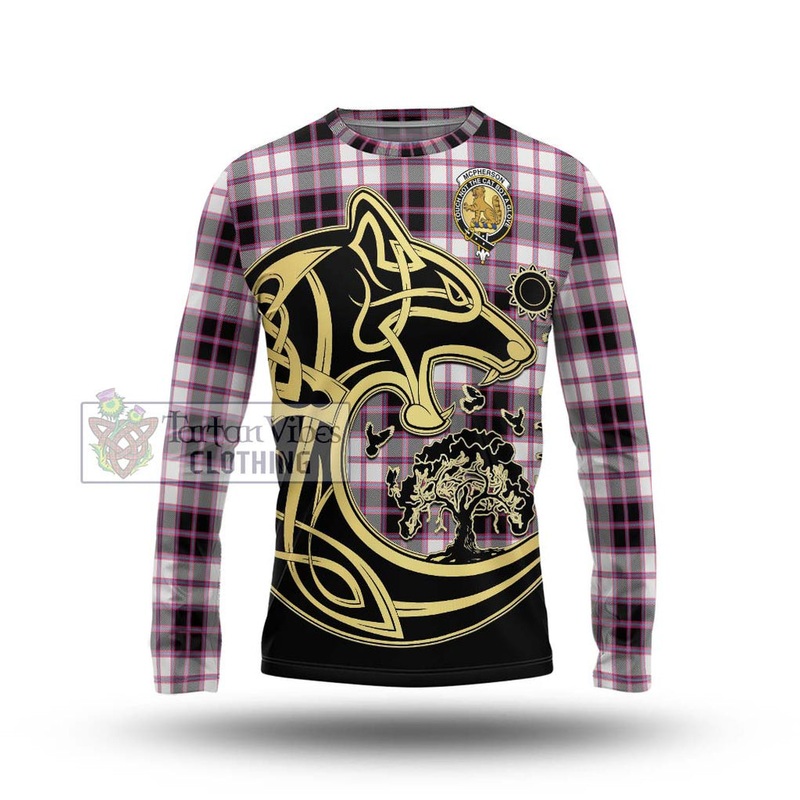 McPherson Hunting Modern Tartan Long Sleeve T-Shirt with Family Crest Celtic Wolf Style