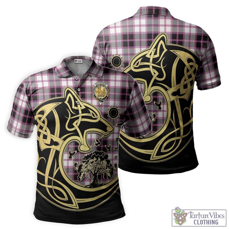 McPherson Hunting Modern Tartan Polo Shirt with Family Crest Celtic Wolf Style