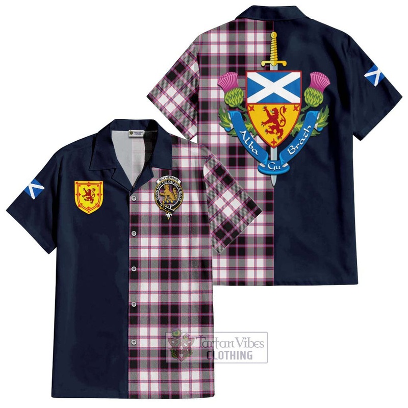 McPherson Hunting Modern Tartan Short Sleeve Button Shirt Alba with Scottish Lion Royal Arm Half Style