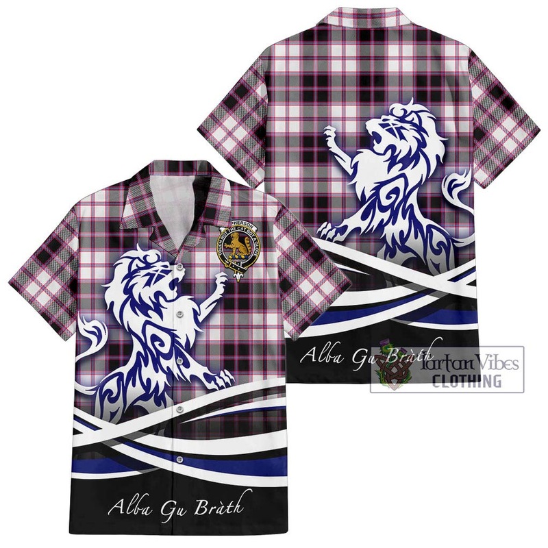 McPherson Hunting Modern Tartan Short Sleeve Button Shirt with Alba Gu Brath Regal Lion Emblem