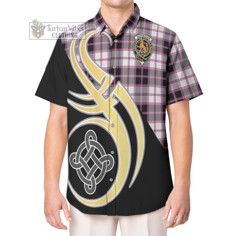 McPherson Hunting Modern Tartan Short Sleeve Button Shirt with Family Crest and Celtic Symbol Style