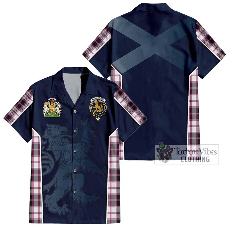McPherson Hunting Modern Tartan Short Sleeve Button Shirt with Family Crest and Lion Rampant Vibes Sport Style