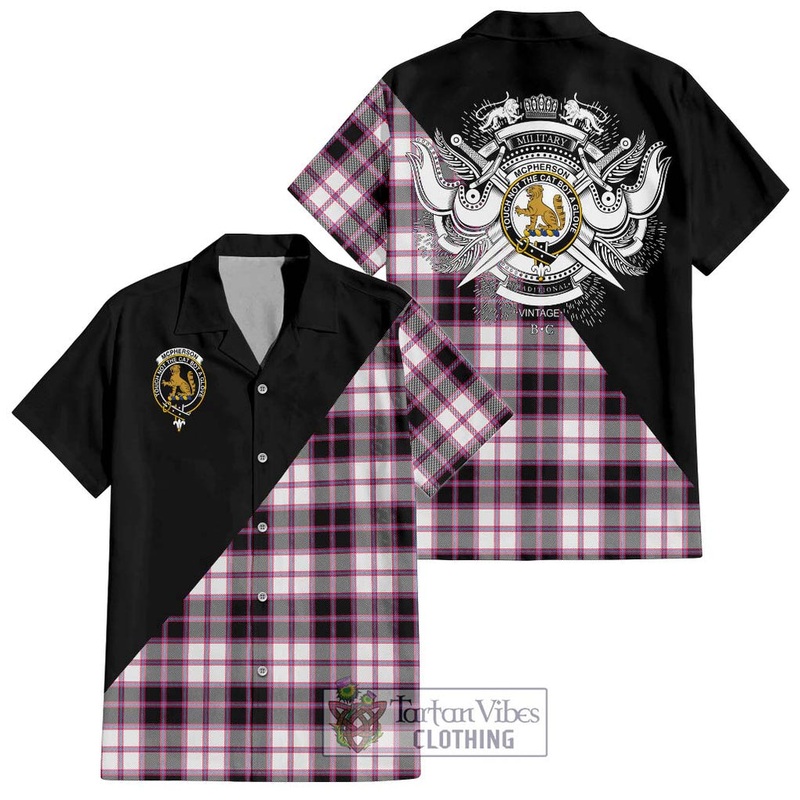 McPherson Hunting Modern Tartan Short Sleeve Button Shirt with Family Crest and Military Logo Style