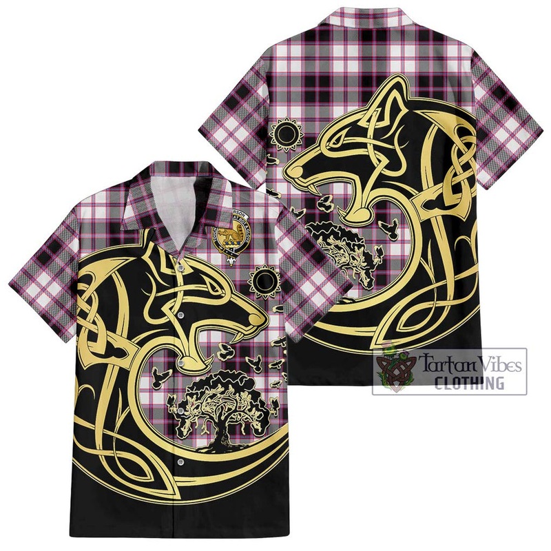 McPherson Hunting Modern Tartan Short Sleeve Button Shirt with Family Crest Celtic Wolf Style