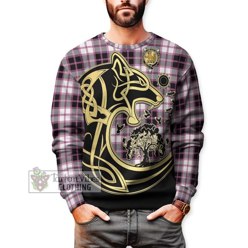 McPherson Hunting Modern Tartan Sweatshirt with Family Crest Celtic Wolf Style