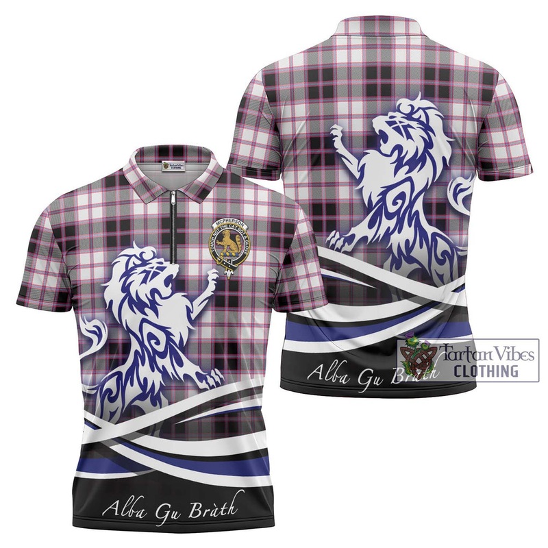 McPherson Hunting Modern Tartan Zipper Polo Shirt with Alba Gu Brath Regal Lion Emblem