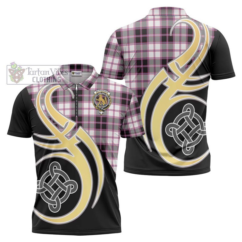 McPherson Hunting Modern Tartan Zipper Polo Shirt with Family Crest and Celtic Symbol Style