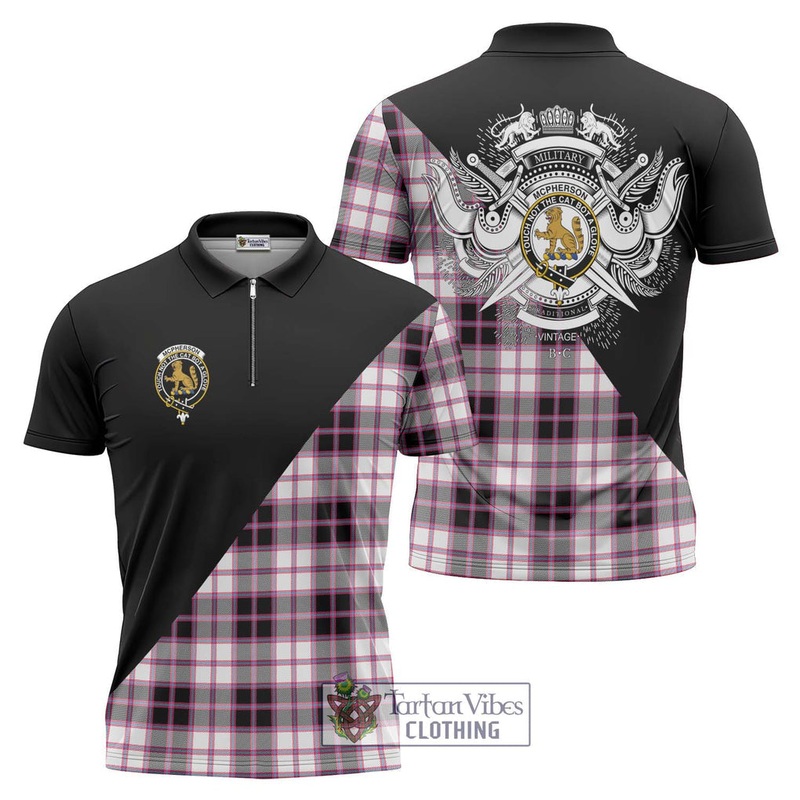 McPherson Hunting Modern Tartan Zipper Polo Shirt with Family Crest and Military Logo Style