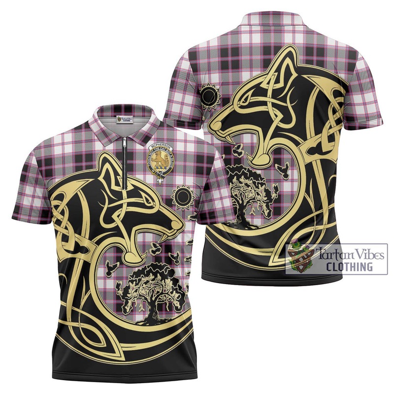 McPherson Hunting Modern Tartan Zipper Polo Shirt with Family Crest Celtic Wolf Style