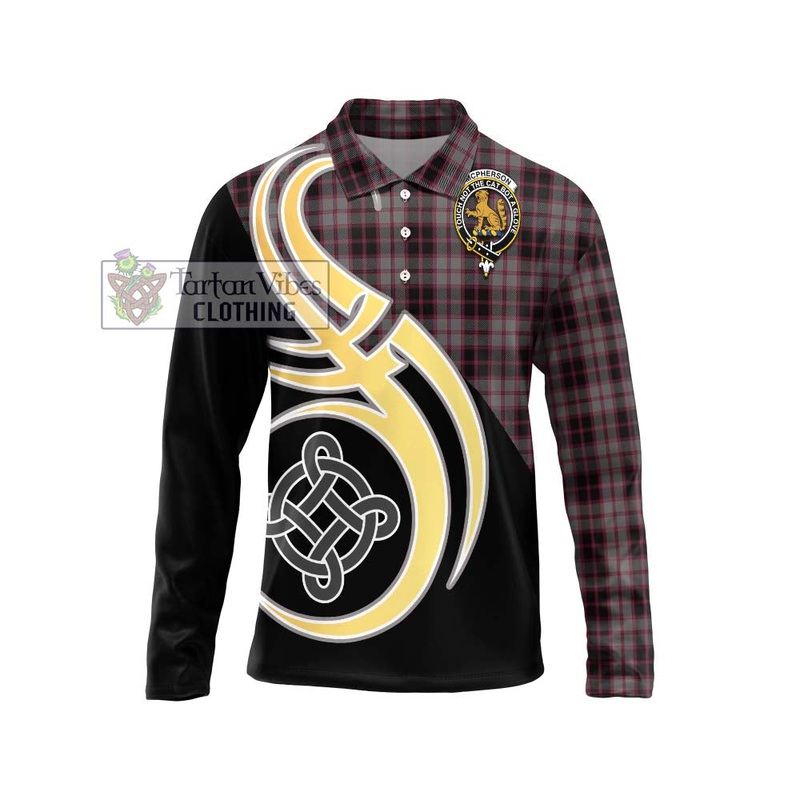 McPherson Hunting Tartan Long Sleeve Polo Shirt with Family Crest and Celtic Symbol Style
