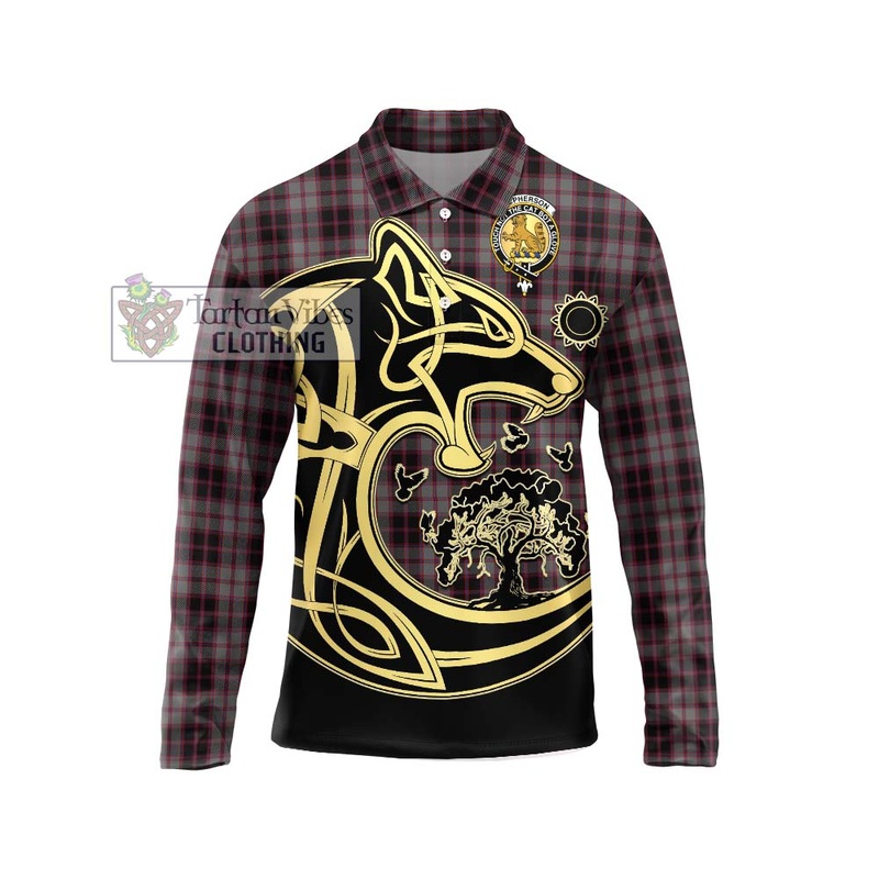 McPherson Hunting Tartan Long Sleeve Polo Shirt with Family Crest Celtic Wolf Style