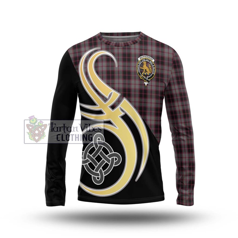 McPherson Hunting Tartan Long Sleeve T-Shirt with Family Crest and Celtic Symbol Style
