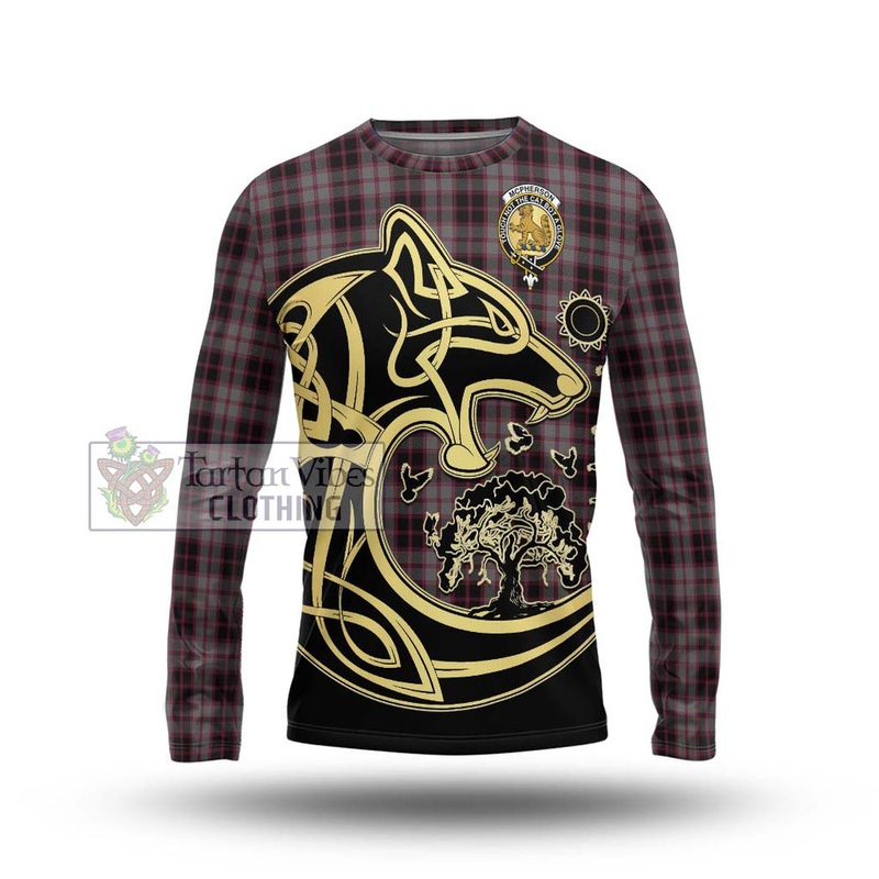 McPherson Hunting Tartan Long Sleeve T-Shirt with Family Crest Celtic Wolf Style