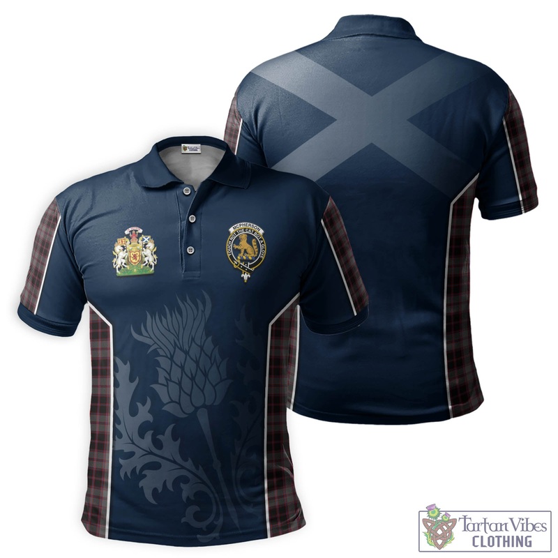McPherson Hunting Tartan Men's Polo Shirt with Family Crest and Scottish Thistle Vibes Sport Style