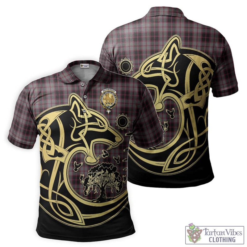 McPherson Hunting Tartan Polo Shirt with Family Crest Celtic Wolf Style