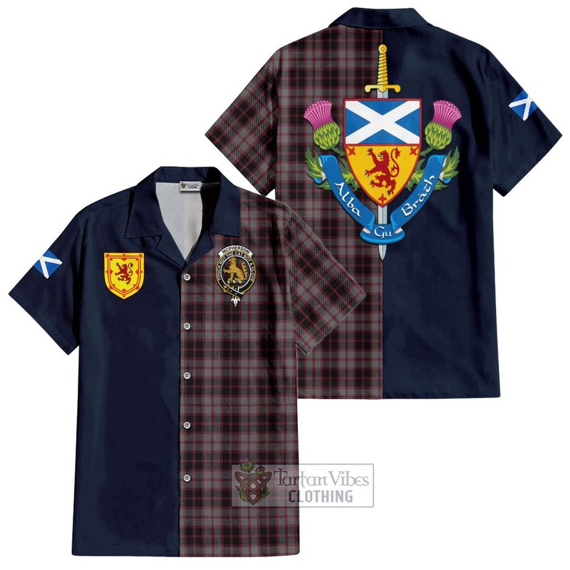 McPherson Hunting Tartan Short Sleeve Button Shirt Alba with Scottish Lion Royal Arm Half Style