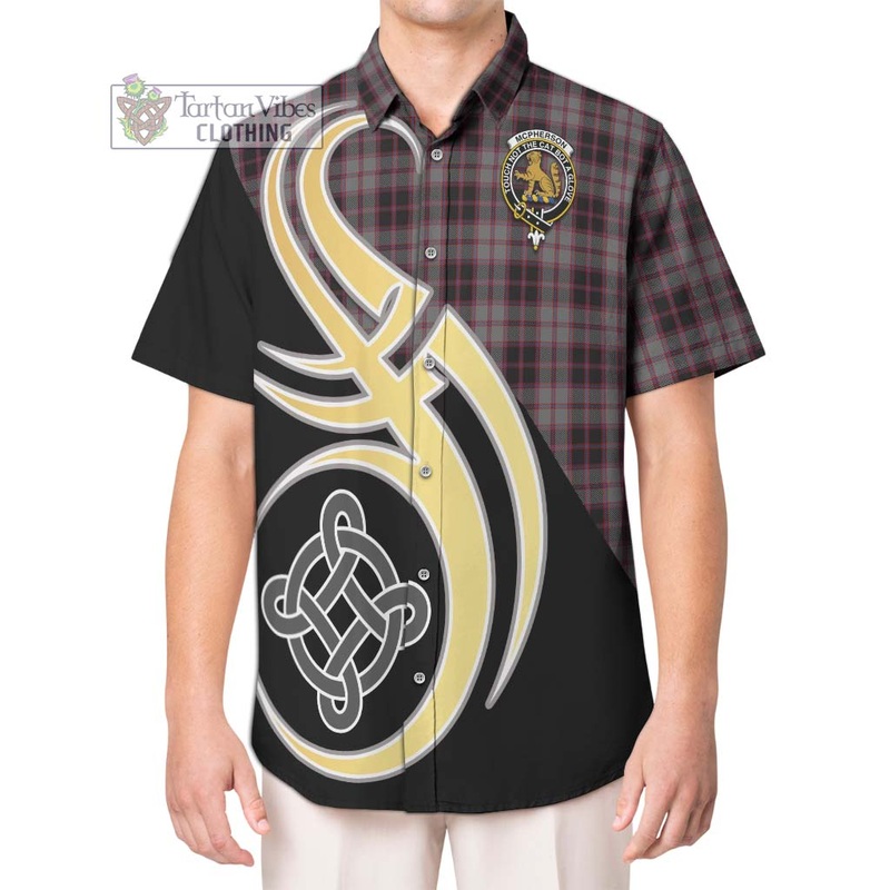 McPherson Hunting Tartan Short Sleeve Button Shirt with Family Crest and Celtic Symbol Style