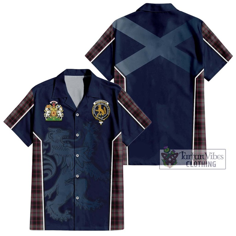 McPherson Hunting Tartan Short Sleeve Button Shirt with Family Crest and Lion Rampant Vibes Sport Style