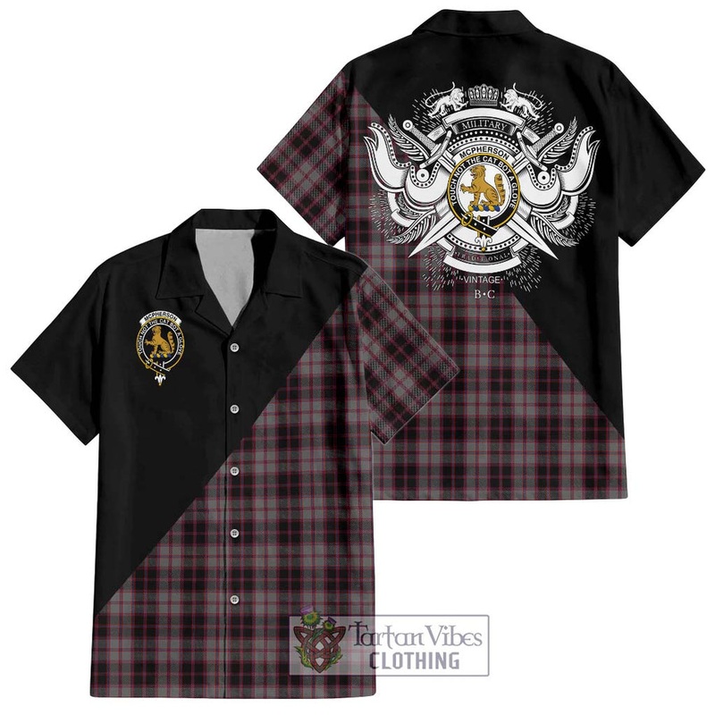 McPherson Hunting Tartan Short Sleeve Button Shirt with Family Crest and Military Logo Style
