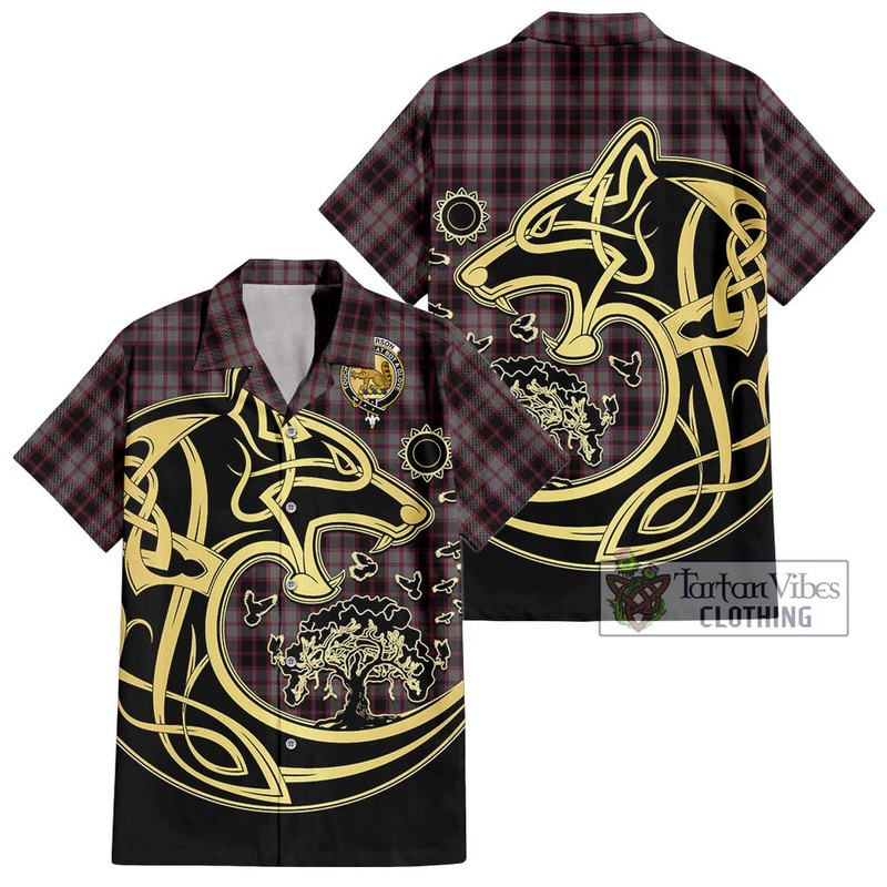 McPherson Hunting Tartan Short Sleeve Button Shirt with Family Crest Celtic Wolf Style