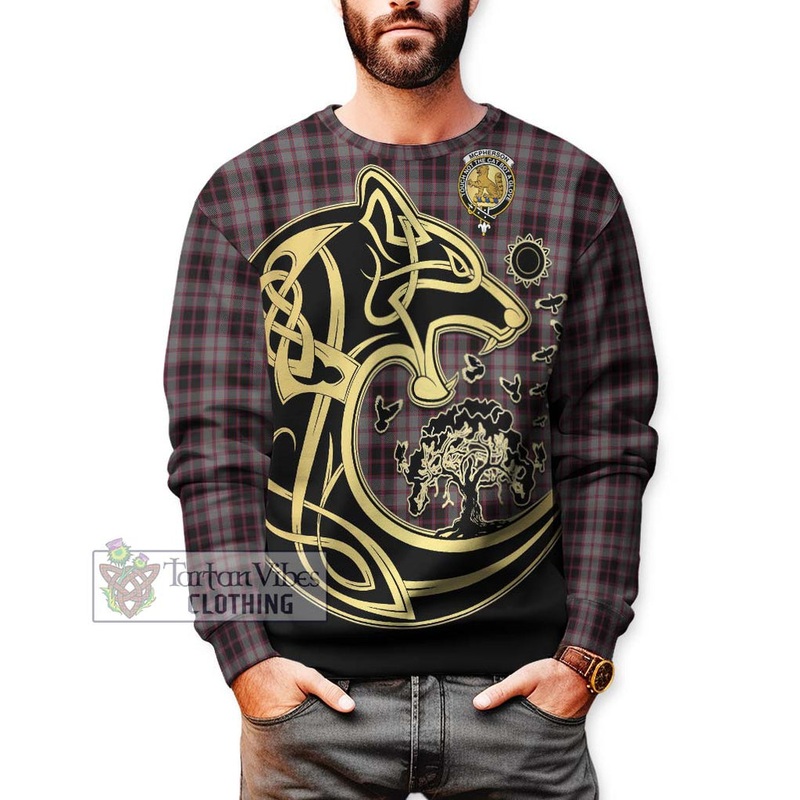 McPherson Hunting Tartan Sweatshirt with Family Crest Celtic Wolf Style