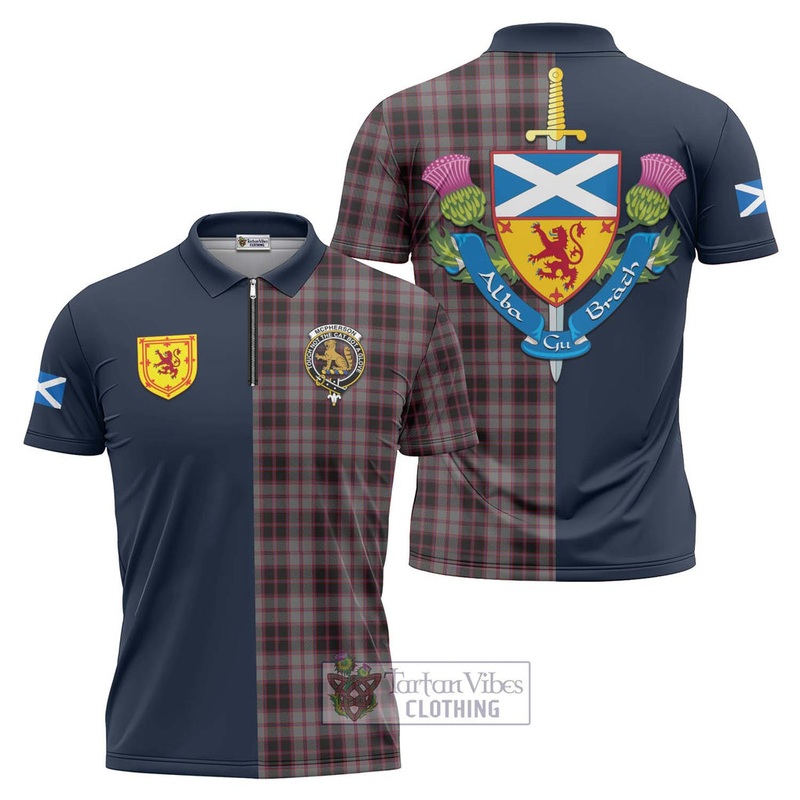 McPherson Hunting Tartan Zipper Polo Shirt Alba with Scottish Lion Royal Arm Half Style