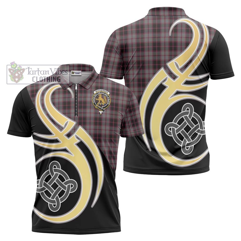 McPherson Hunting Tartan Zipper Polo Shirt with Family Crest and Celtic Symbol Style