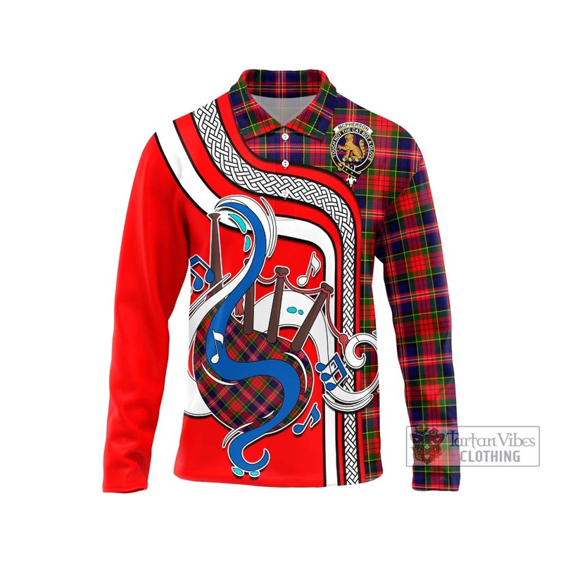 McPherson Modern Tartan Long Sleeve Polo Shirt with Epic Bagpipe Style