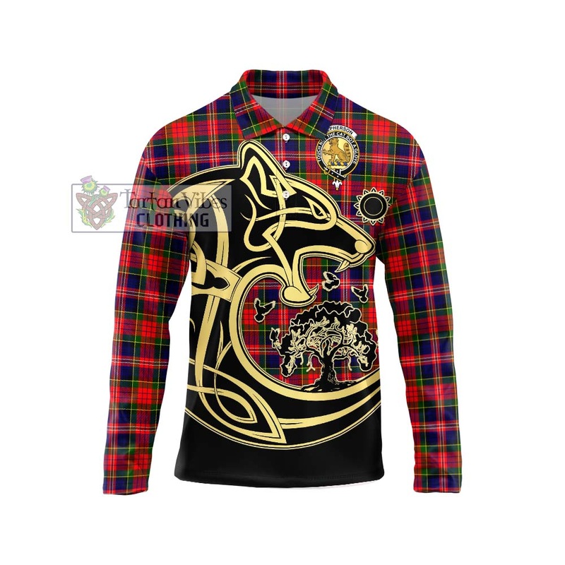 McPherson Modern Tartan Long Sleeve Polo Shirt with Family Crest Celtic Wolf Style