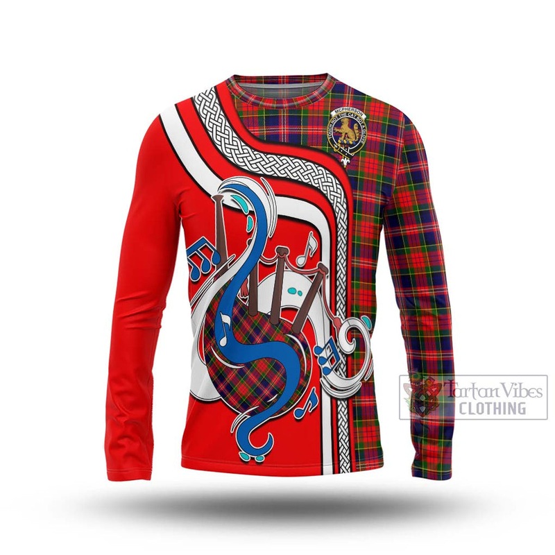McPherson Modern Tartan Long Sleeve T-Shirt with Epic Bagpipe Style