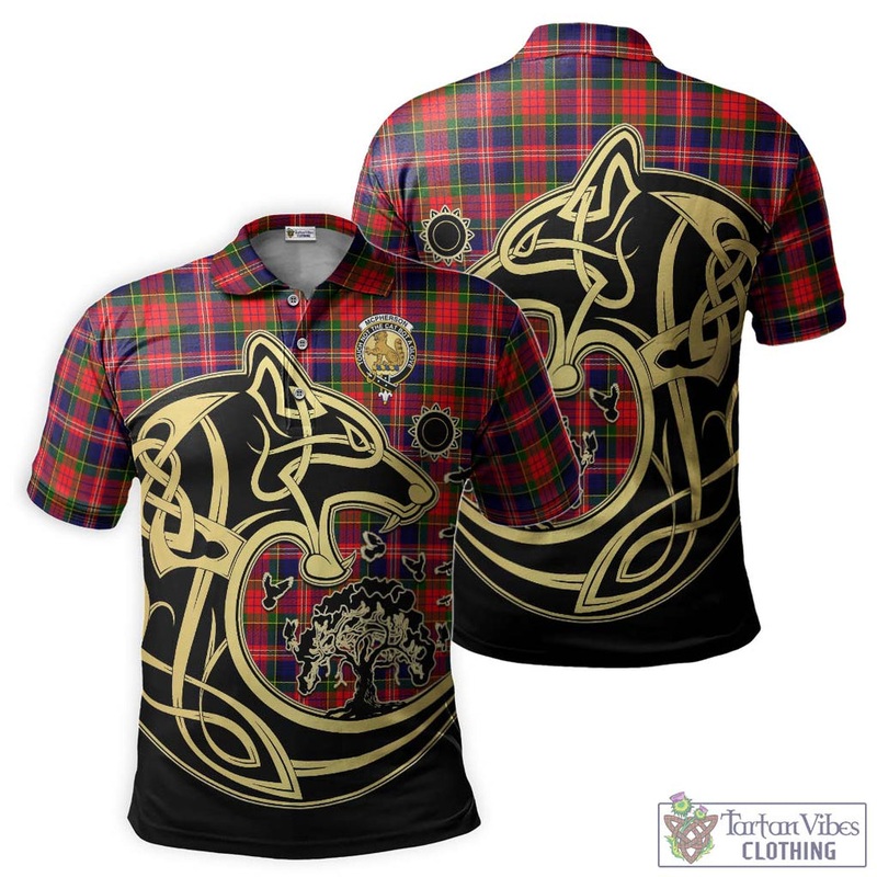 McPherson Modern Tartan Polo Shirt with Family Crest Celtic Wolf Style