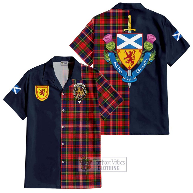 McPherson Modern Tartan Short Sleeve Button Shirt Alba with Scottish Lion Royal Arm Half Style